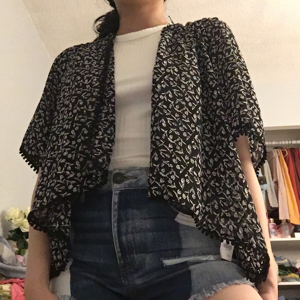 Black floral kimono with black Pompoms